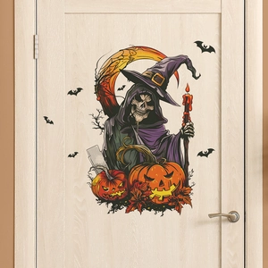 Halloween wall sticker with reaper, pumpkin lanterns and bats on a wooden door decoration