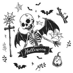 Halloween skull wall sticker with bat wings, pumpkins, and spiders in retro hand-drawn style