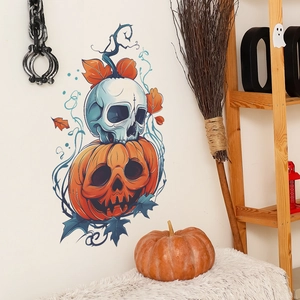 Creative Halloween wall sticker featuring a skull and pumpkin stack with autumn maple leaves