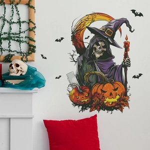 Halloween wizard skull reaper wall sticker with glowing pumpkins and bats for home decor