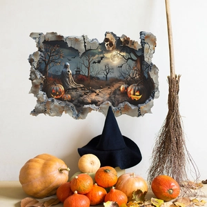 Sticker mural 3D Halloween avec citrouilles et chauves-souris sur fond blanc