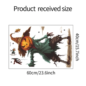 Product size detail of Halloween scarecrow wall sticker measuring 60cm by 40cm in packaging