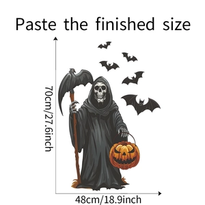 Adesivo murale Halloween con Mietitore, zucca e pipistrelli, dimensioni 70x48cm
