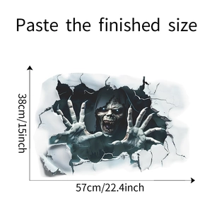 Dettaglio dimensioni dell'adesivo murale scheletro 3D con misura finale di 57x38 cm