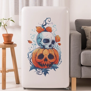 Retro white fridge featuring creative Halloween pumpkin and skull wall sticker decorations