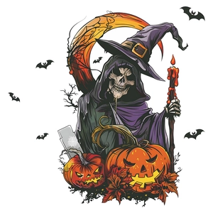 Halloween wall sticker featuring a skull wizard with pumpkins, bats, and a golden crescent moon