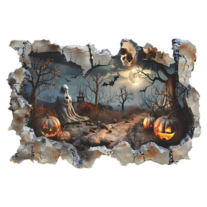Sticker mural Halloween 3D avec citrouilles et chauves-souris effet mur brisé