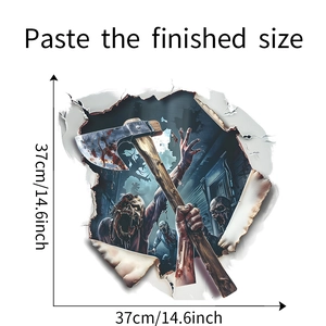 Detailed view of 3D Halloween wall sticker featuring a zombie with an axe breaking a wall