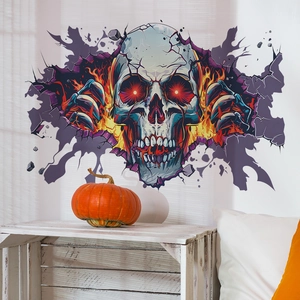 3D Halloween Wandaufkleber mit flammendem Totenkopf und Mauerdurchbruch-Effekt