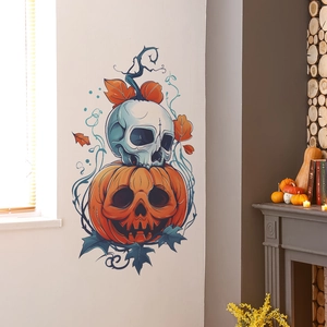 Halloween wall sticker showing a skull stacked on a pumpkin with autumn leaves and vines