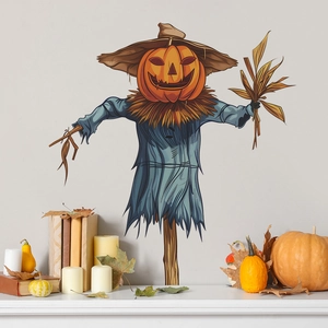 Halloween pumpkin scarecrow wall sticker with rustic decor on light grey wall