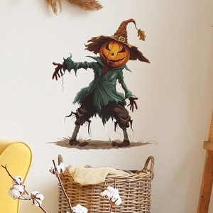 Halloween pumpkin scarecrow wall sticker in a cozy living room with rustic decor accents