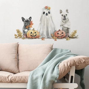 Halloween Bulldoggen Geist und Kürbis Wandaufkleber im Aquarellstil für gemütliche Deko