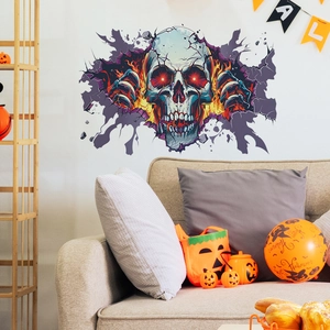 Halloween Wandtattoo mit brennendem Totenkopf und Mauerdurchbruch für Wohnzimmerdeko
