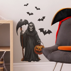 Dettaglio dell'adesivo murale di Halloween con mietitore, lanterna di zucca e pipistrelli