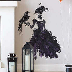 Gothic girl and raven wall sticker detail showing high-quality artistic illustration textures