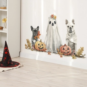 Halloween-Wandtattoo Set mit Aquarell-Bulldoggen, Gespenst und Kürbissen für Kinderzimmer