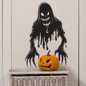 Detail of scary black ghost wall sticker with sharp teeth and pumpkins for Halloween decor