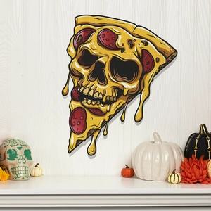 Halloween skull pizza wall sticker on white wood background with festive pumpkins