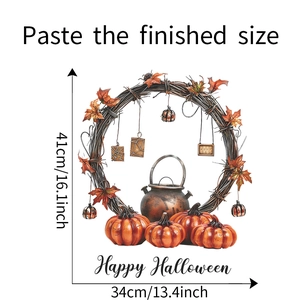 Detail showing Happy Halloween wall sticker set with pumpkins and sizing at 41x34cm