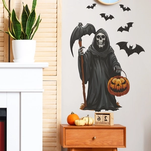 Adesivi murali di Halloween con mietitore, zucche e pipistrelli per decorare casa