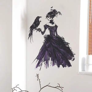 Gothic queen wall sticker with purple dress and black raven for bedroom decor