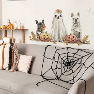 Halloween-Wandsticker mit Aquarell-Französischen Bulldoggen und Geistern auf weißer Wand