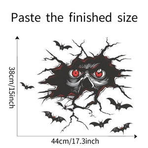 Detail view of 3D Halloween wall decal showing creepy red eyes with black bats