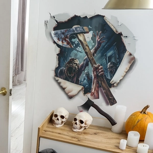 3D Halloween wall sticker featuring a bloody zombie axe-man breaking through a white wall