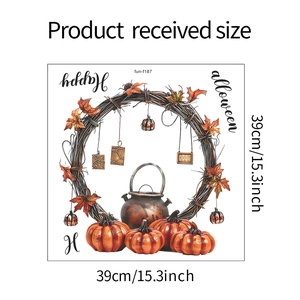 Detailed size chart for Happy Halloween pumpkin wreath wall sticker showing 39cm dimensions