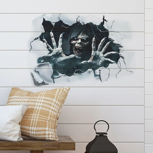 Adesivo murale 3D di Halloween con scheletro che rompe il muro per decorazione casa