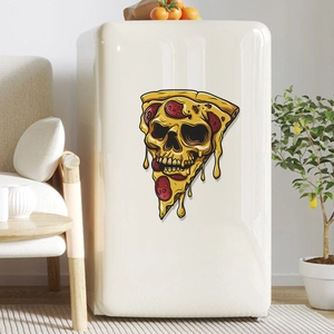 Spooky Halloween pizza skull sticker on a cream retro fridge for creative home decor