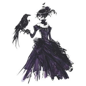 Gothic Queen wall sticker featuring Victorian purple dress and crow for Halloween decor