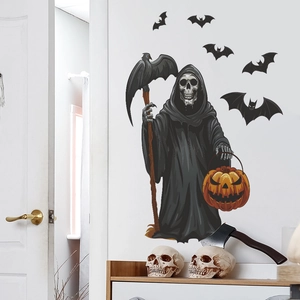 Adesivo murale di Halloween con tristo mietitore e pipistrelli per decoro soggiorno