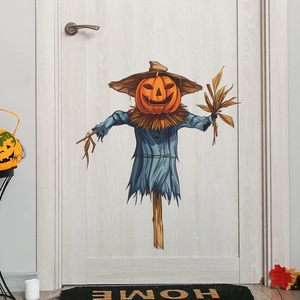 Detail showing cartoon pumpkin scarecrow wall sticker on white door for Halloween decor