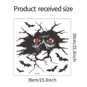 Detail showing Halloween monster eye wall sticker with black bats and size specifications