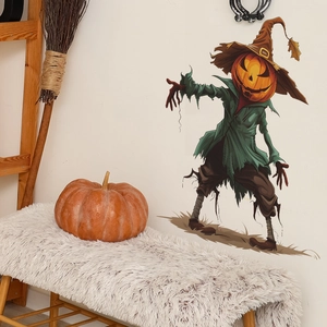 Detailed Halloween wall sticker showing a scarecrow with pumpkin head on a white wall
