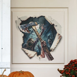 Detailed 3D Halloween zombie wall sticker with bloody axe breaking through a beige wall