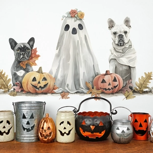 Halloween Geist Französische Bulldogge Wandtattoo Aquarell Kürbis Ahornblatt PVC Abnehmbarer Aufkleber Für Wohnzimmer Kinder