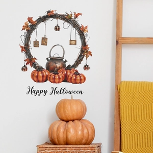 Happy Halloween Pumpkin Wreath Wall Sticker Removable PVC Decal For Home Living Room Bedroom Festive Party Mural Decoration