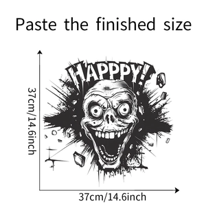 Detail showing dimensions of the Happy Halloween zombie skull wall sticker 37x37cm