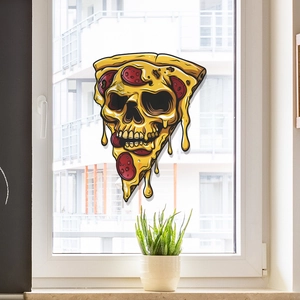 Close-up of Halloween pizza skull wall sticker on a bright window with urban city background