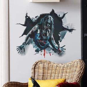 3D Zombie Woman Breaking Through Wall Halloween Sticker Horror Ghost Female PVC Decal For Haunted House Party Living Room Decor