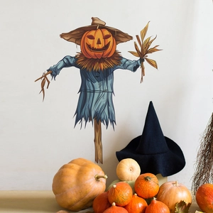 Halloween pumpkin scarecrow wall decal for festive glass window and home interior decoration