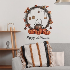 Detailed wall sticker layout featuring Halloween pumpkin wreaths and a black cauldron
