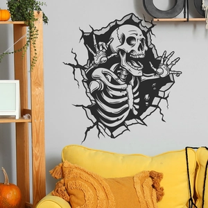 3D Halloween skeleton wall sticker peeling through broken wall for living room decor