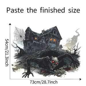 Detailed size chart for Halloween wall sticker featuring haunted house and skeleton monster