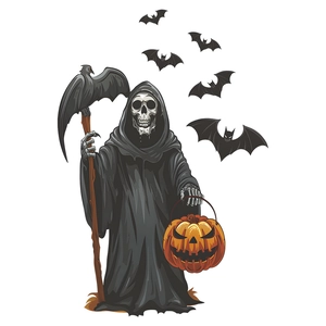Adesivo murale di Halloween con il Tristo Mietitore, lanterna di zucca e pipistrelli