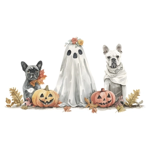 Halloween Wandtattoo mit Aquarell-Geistern, Französischen Bulldoggen und Kürbissen