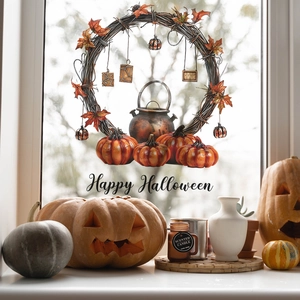 Happy Halloween pumpkin wreath wall sticker for home living room glass decoration